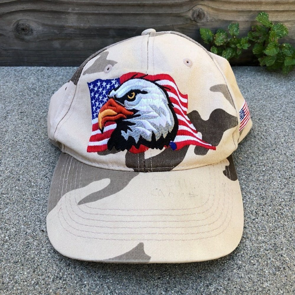 Vintage 90s SWT Bald Eagle American Flag Baseball Hat Men's Camo Beige Cap​​​​